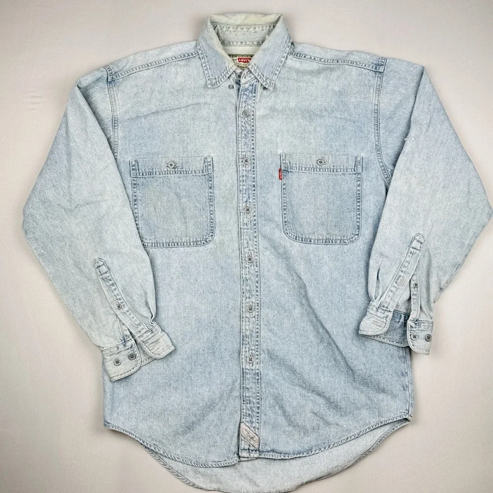 Vintage 90s Levi's Button Up Denim Shirt Distressed Light Blue USA Mens S